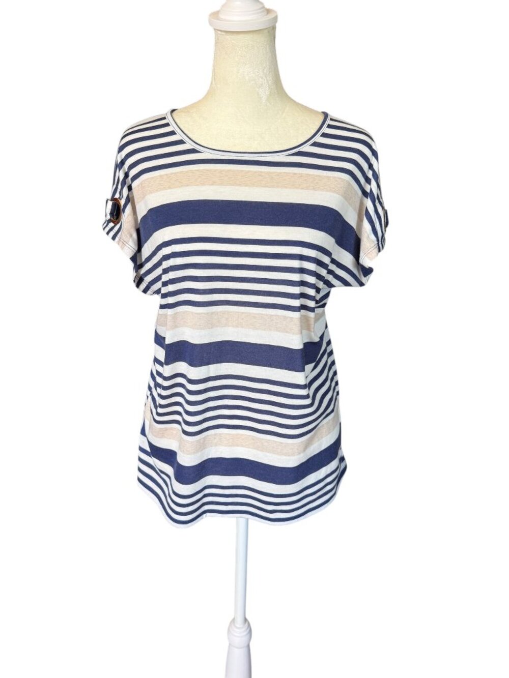 Modern Attraction navy white cream striped cap sleeve pullover top size M
